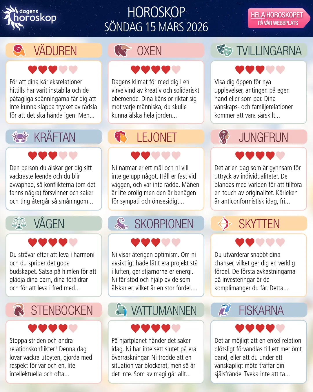 Horoskop för söndag 15 mars 2026