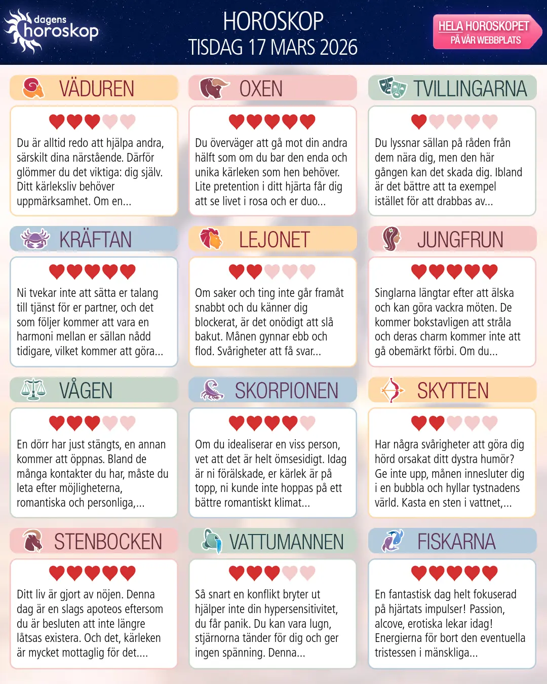 Horoskop för tisdag 17 mars 2026