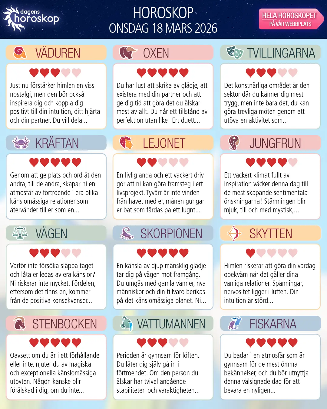 Horoskop för onsdag 18 mars 2026