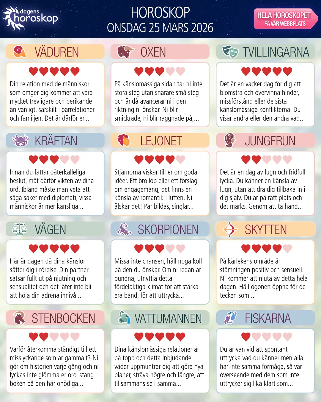 Horoskop för onsdag 25 mars 2026