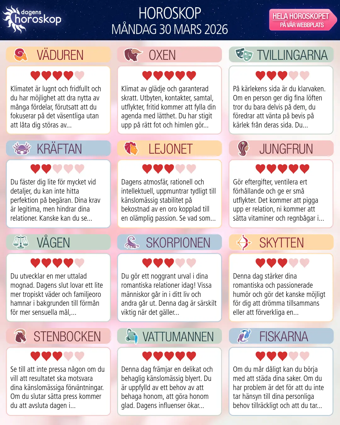 Horoskop för måndag 30 mars 2026
