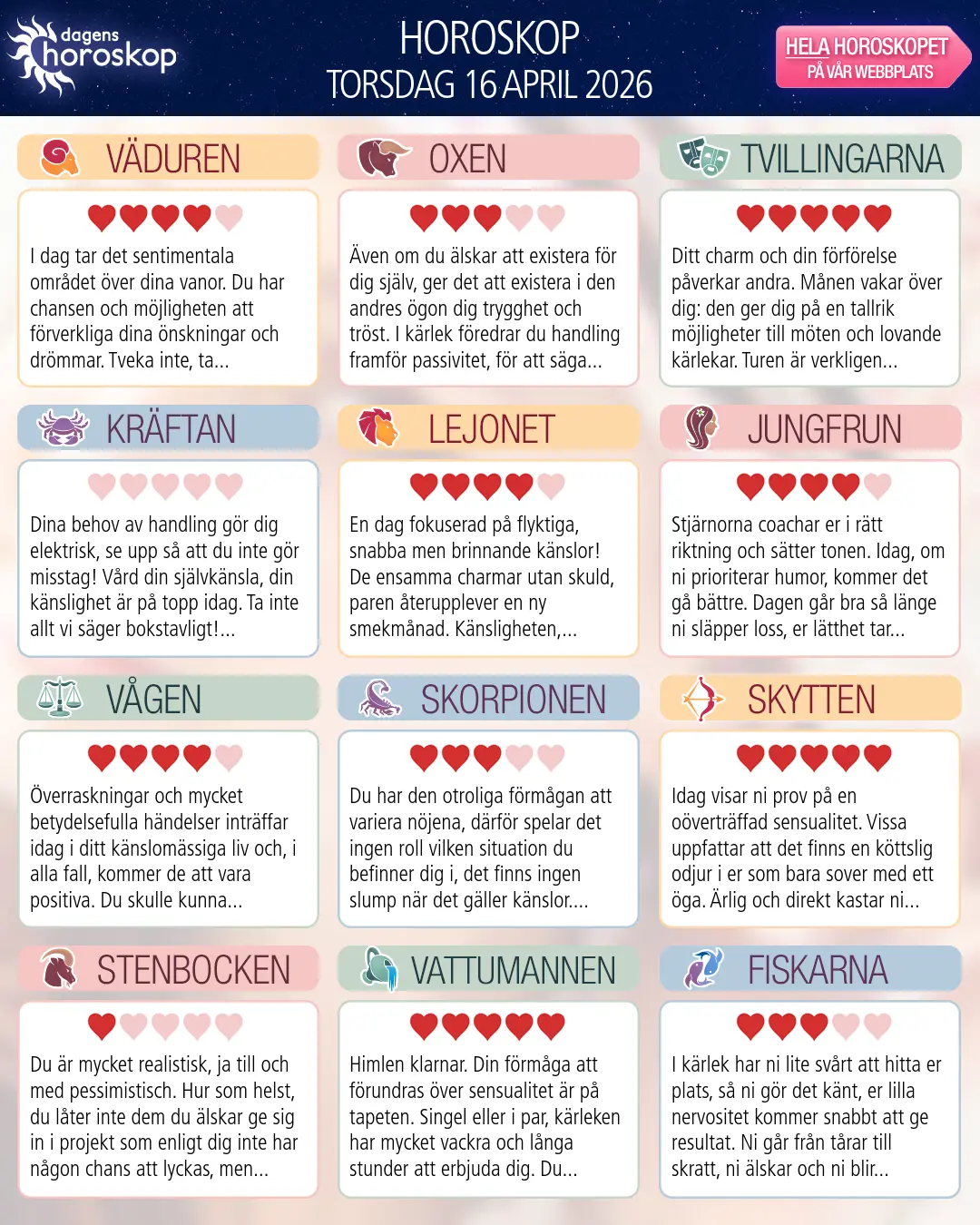 Horoskop för torsdag 16 april 2026