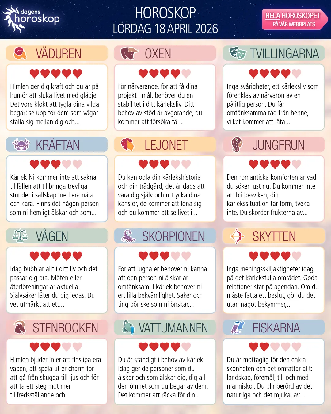 Horoskop för lördag 18 april 2026