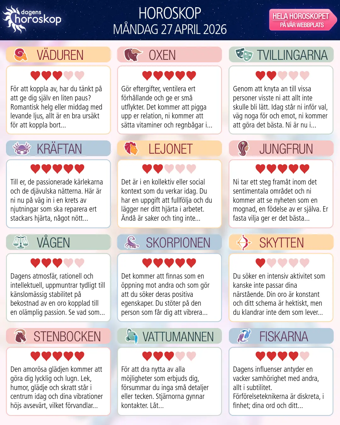 Horoskop för måndag 27 april 2026