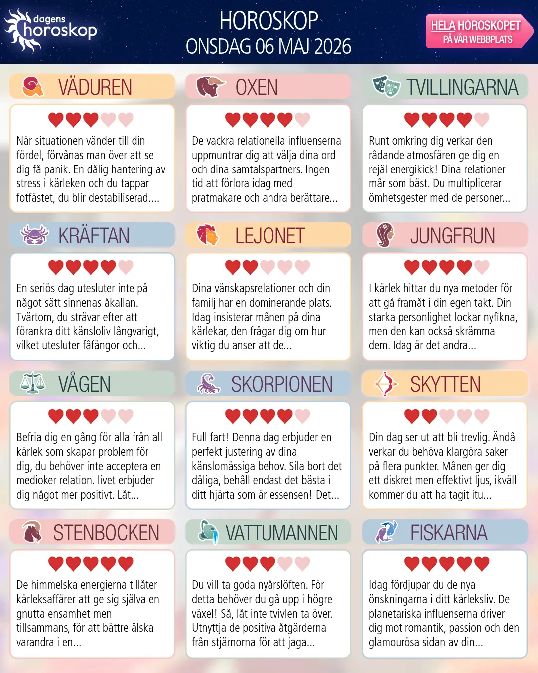 Horoskop för onsdag 6 maj 2026