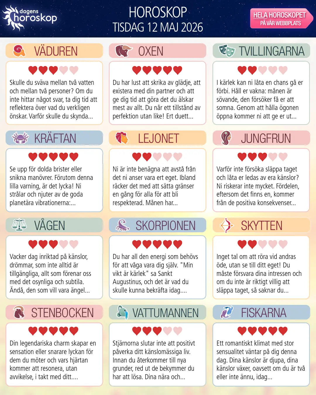 Horoskop för tisdag 12 maj 2026
