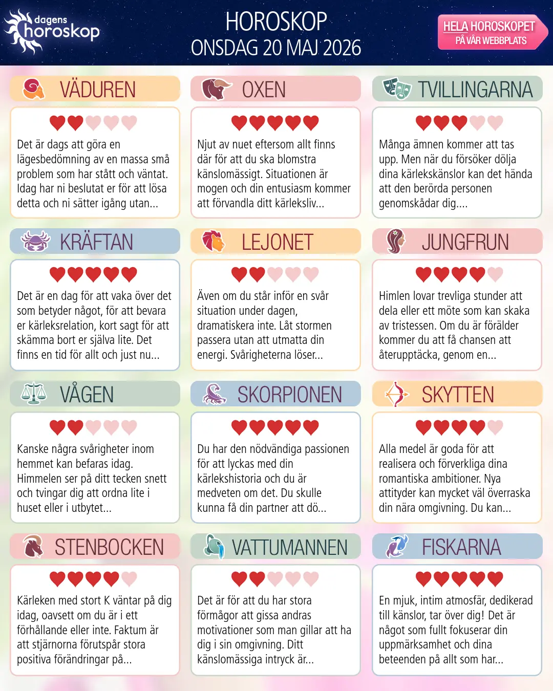 Horoskop för onsdag 20 maj 2026