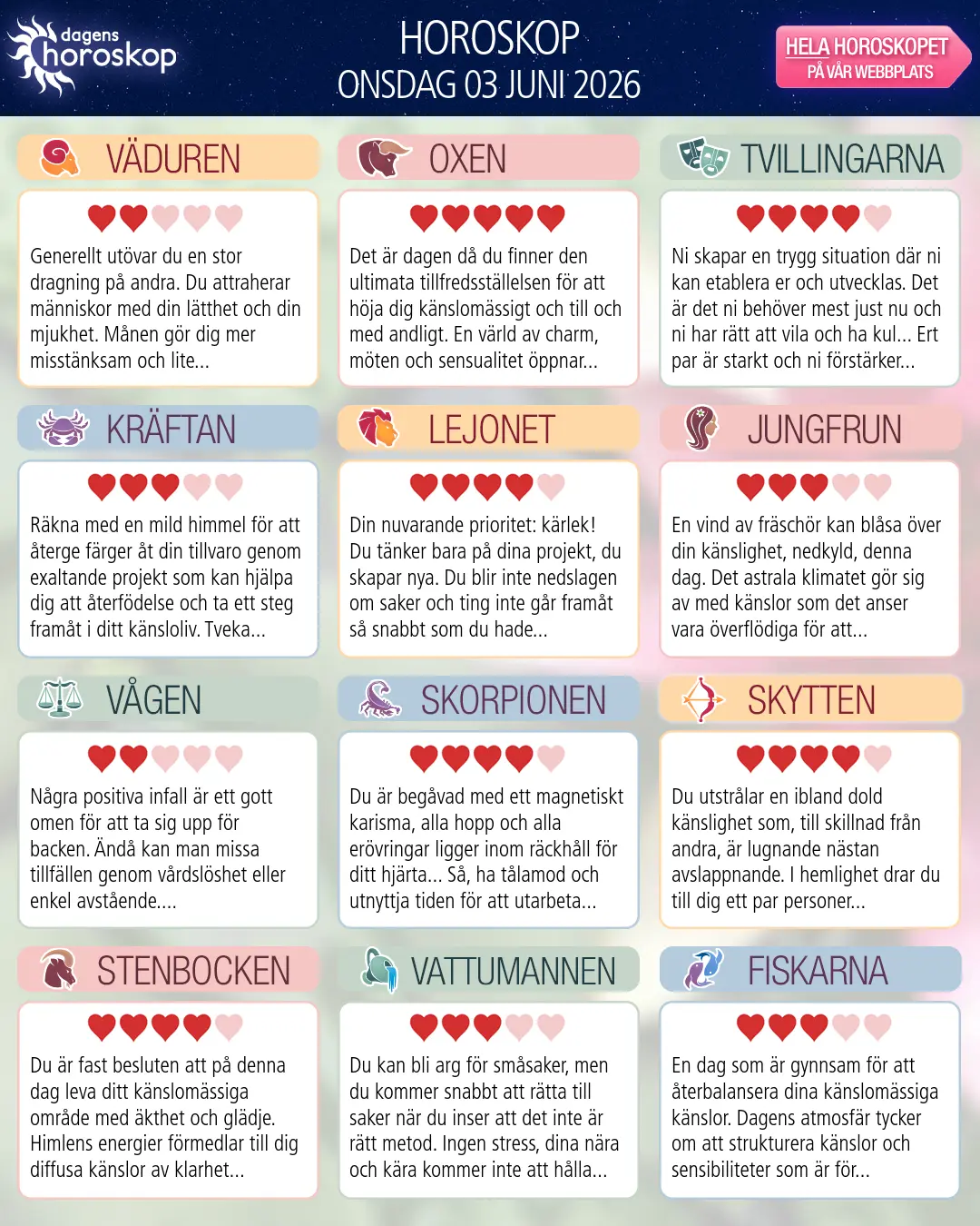 Horoskop för onsdag 3 juni 2026