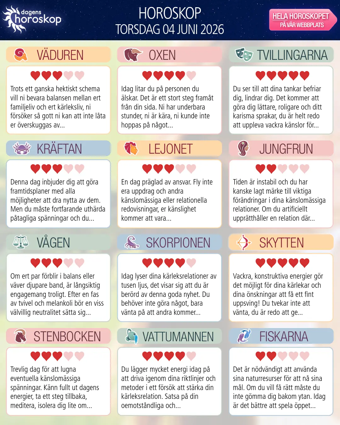 Horoskop för torsdag 4 juni 2026