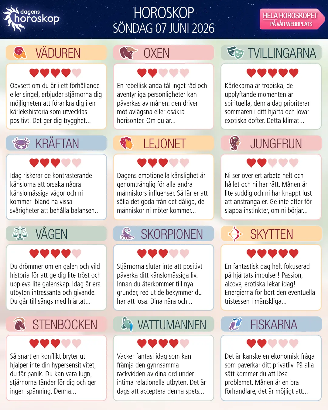 Horoskop för söndag 7 juni 2026
