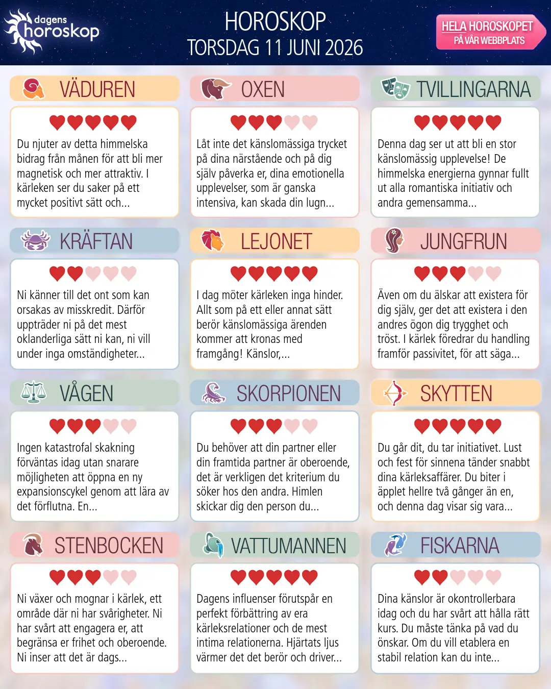 Horoskop för torsdag 11 juni 2026