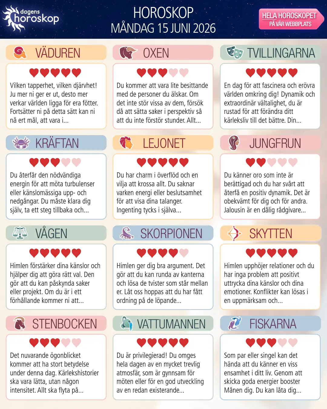 Horoskop för måndag 15 juni 2026