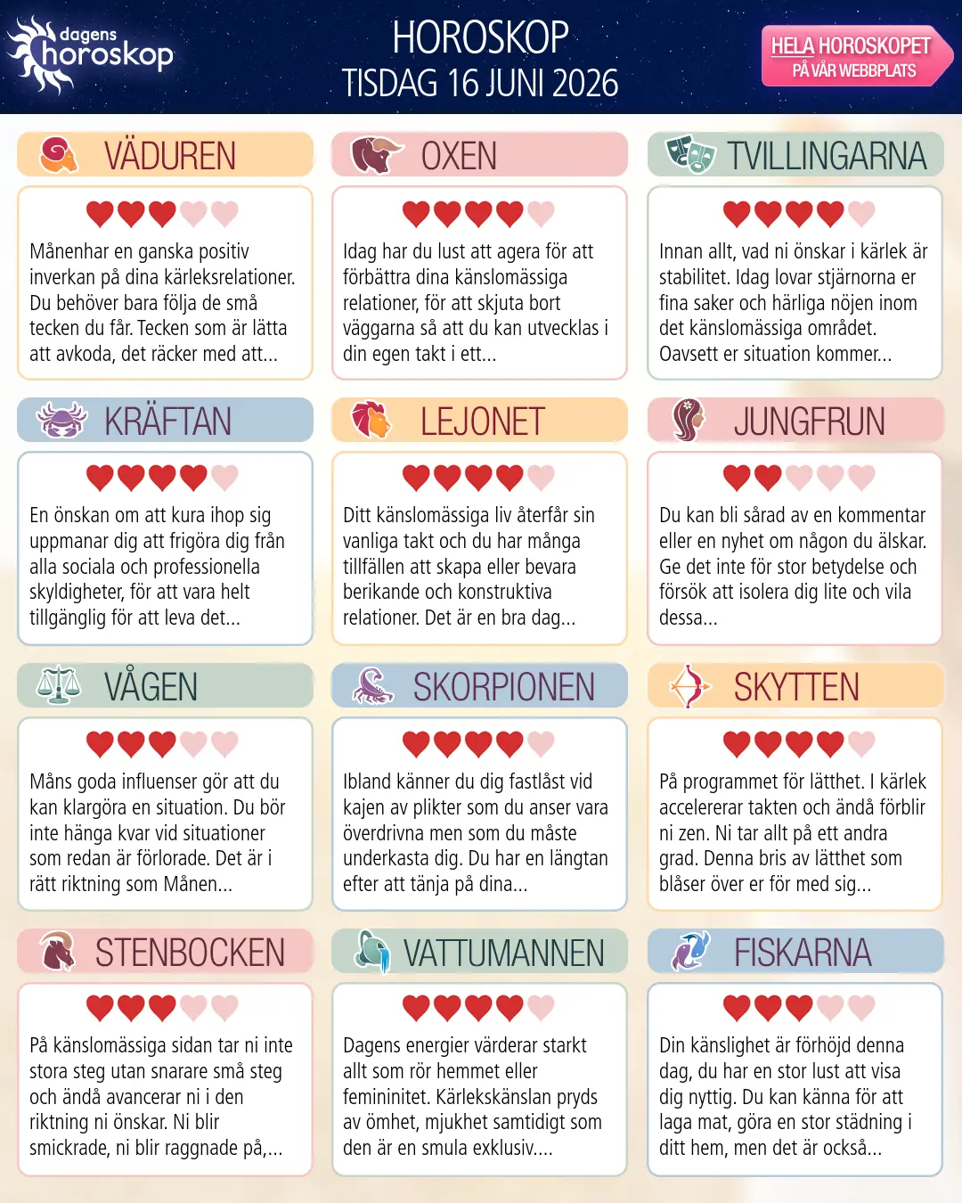 Horoskop för tisdag 16 juni 2026
