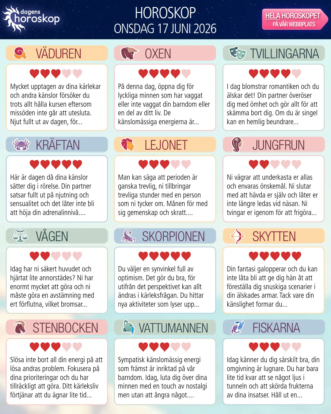 Horoskop för onsdag 17 juni 2026