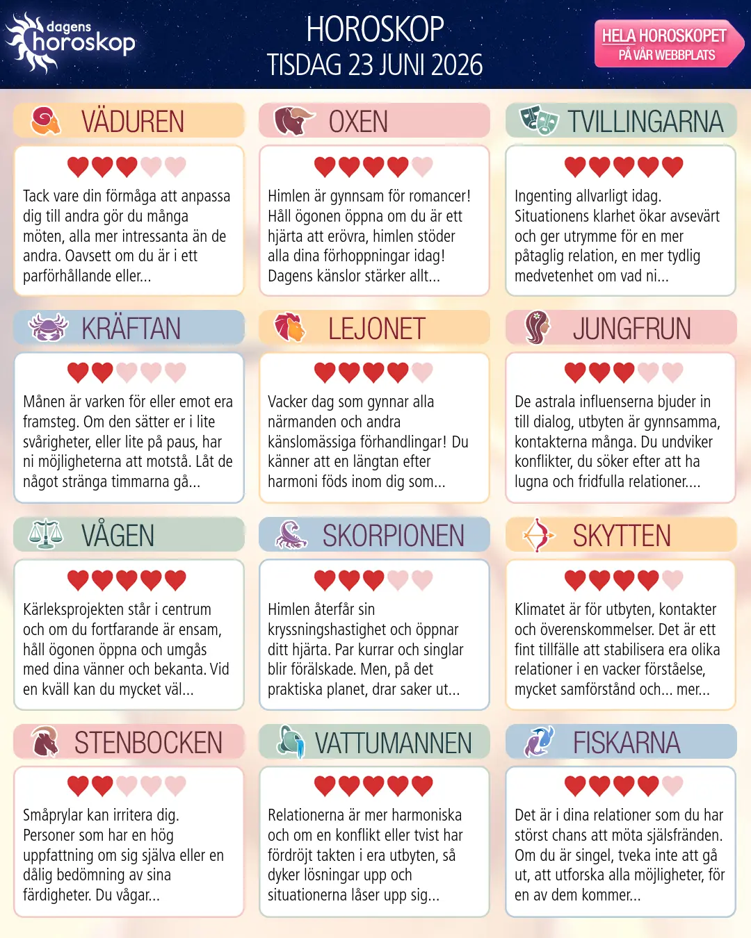 Horoskop för tisdag 23 juni 2026