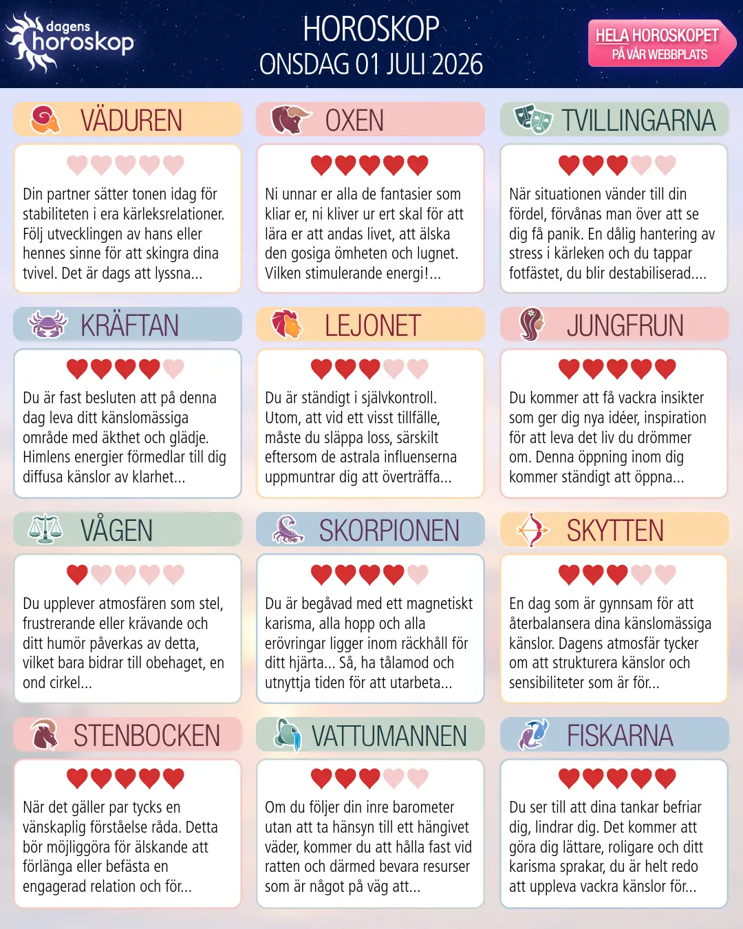 Horoskop för onsdag 1 juli 2026