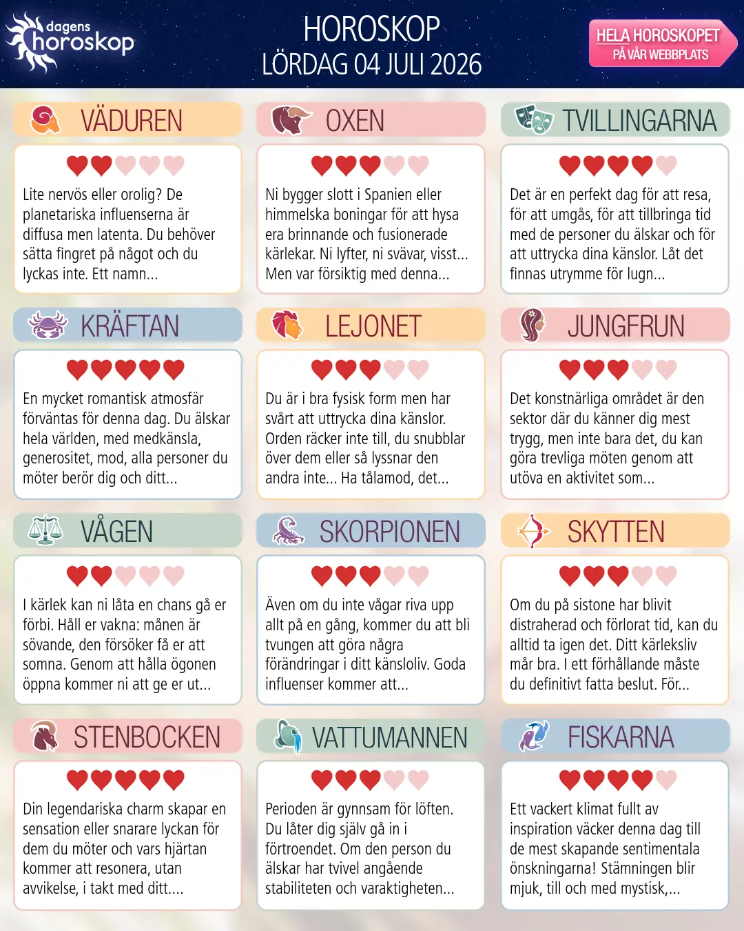 Horoskop för lördag 4 juli 2026