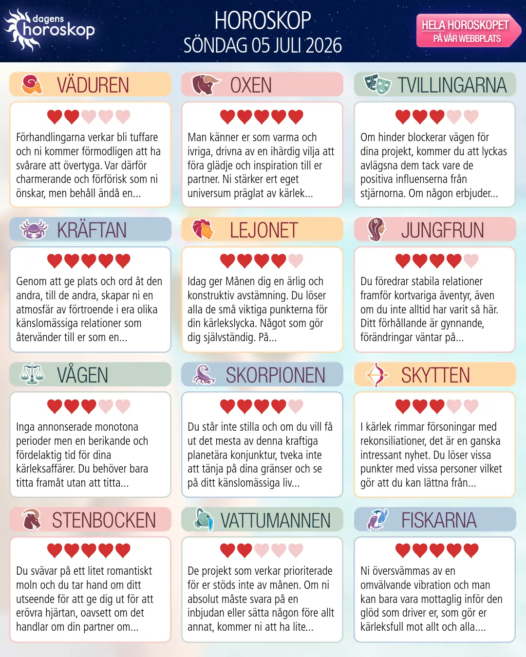 Horoskop för söndag 5 juli 2026