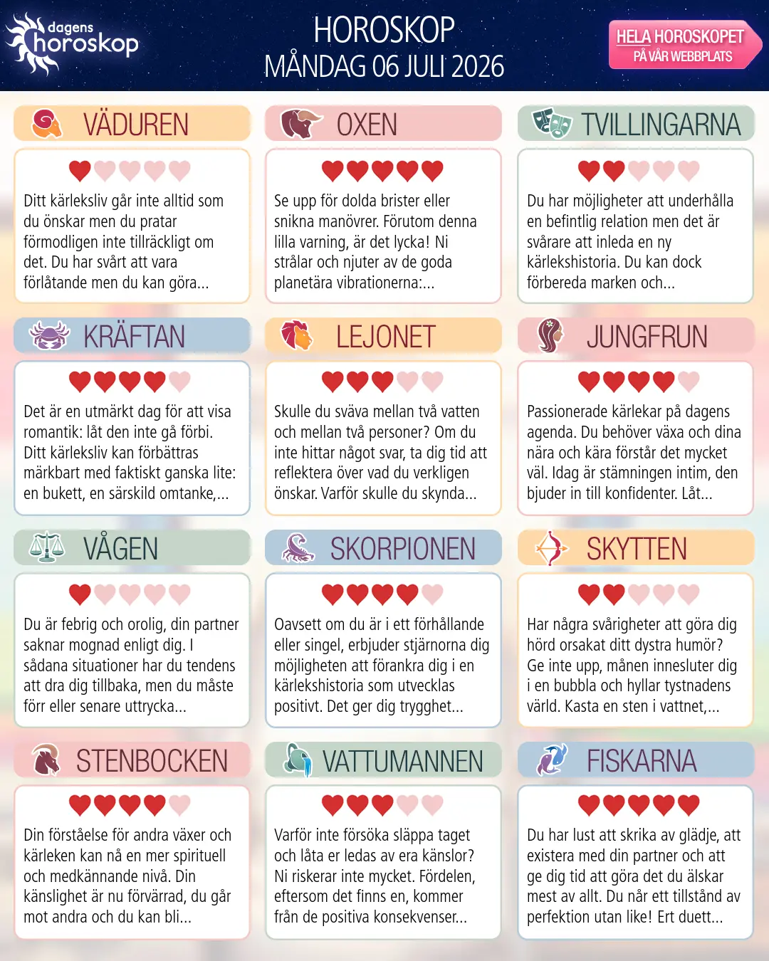 Horoskop för måndag 6 juli 2026