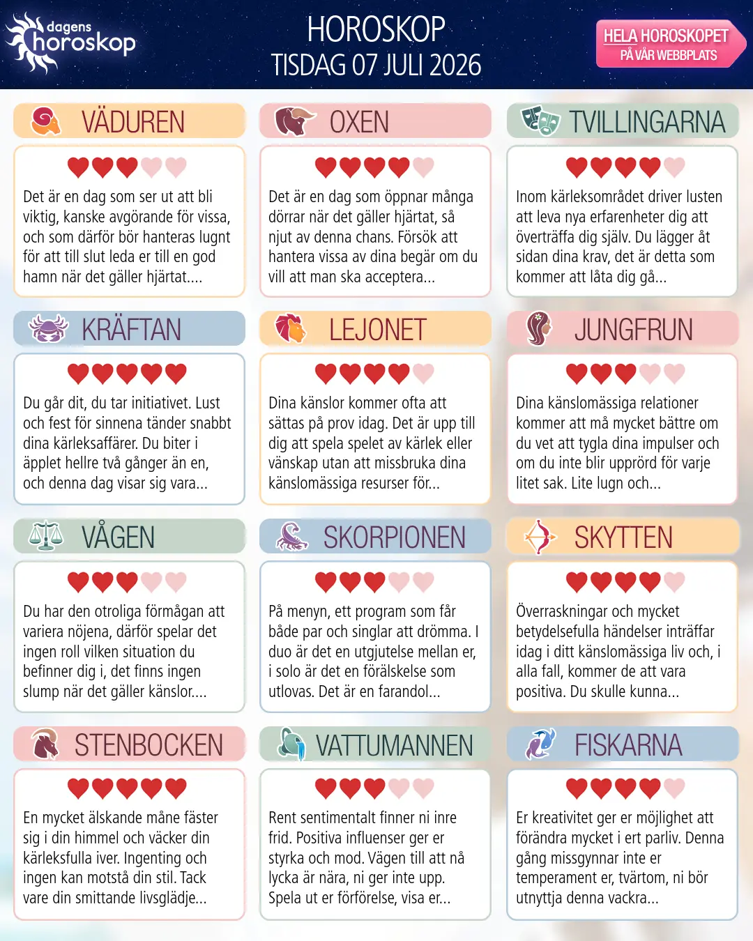 Horoskop för tisdag 7 juli 2026