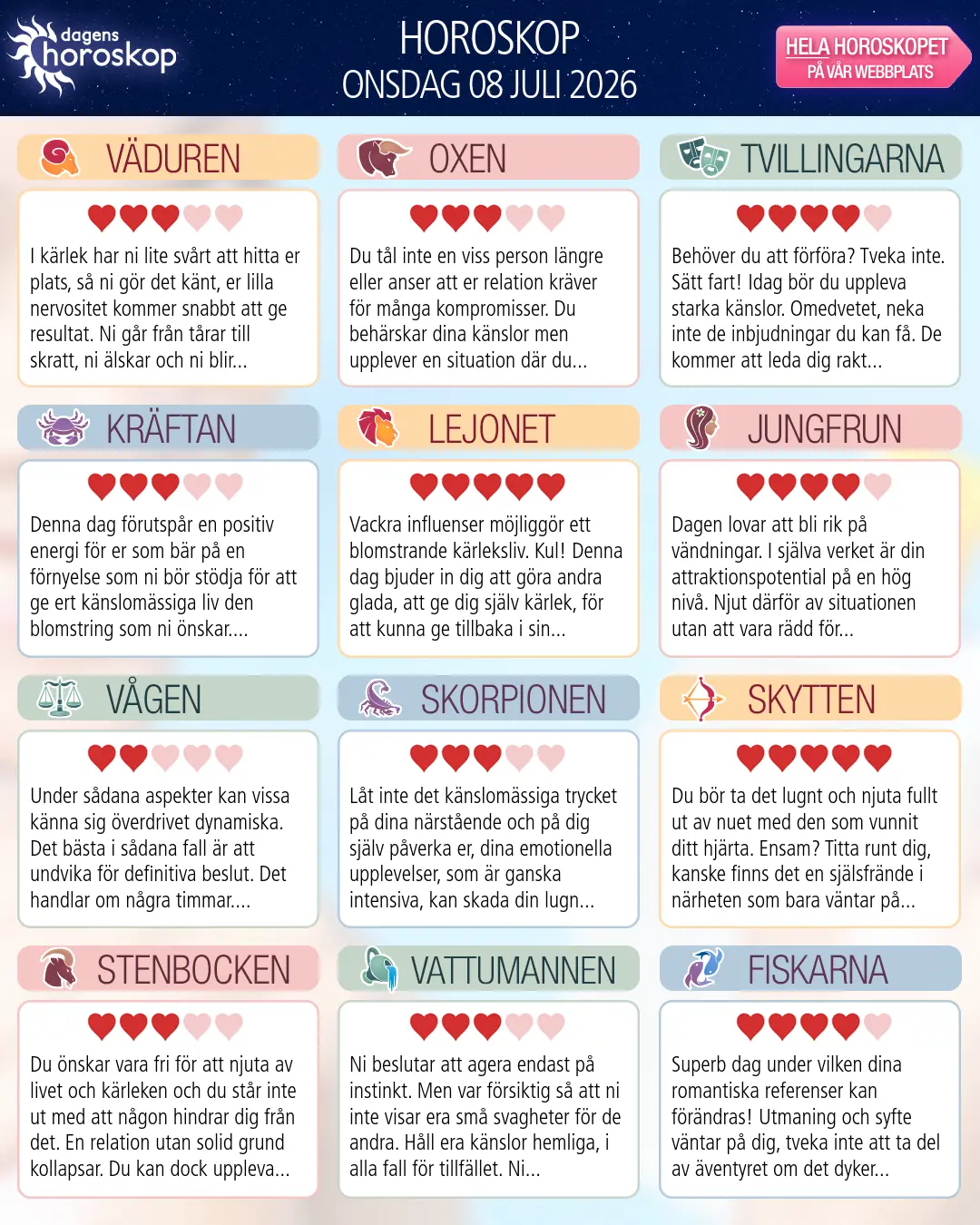 Horoskop för onsdag 8 juli 2026