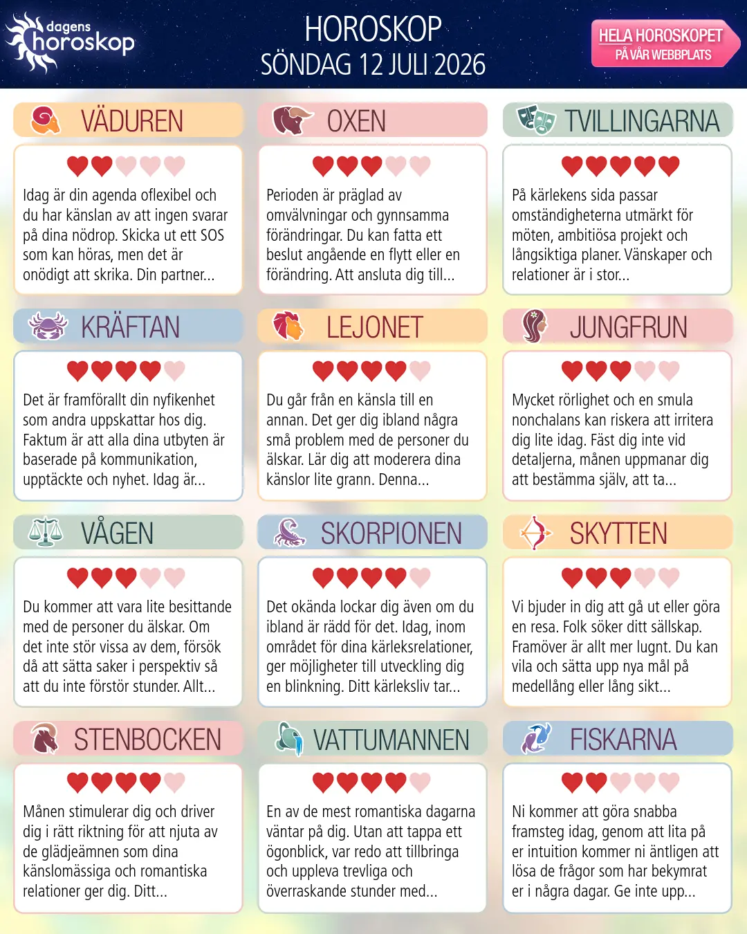 Horoskop för söndag 12 juli 2026