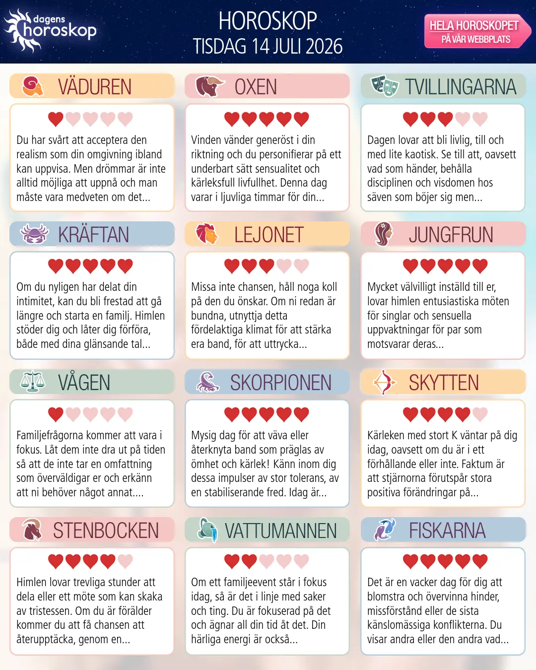 Horoskop för tisdag 14 juli 2026