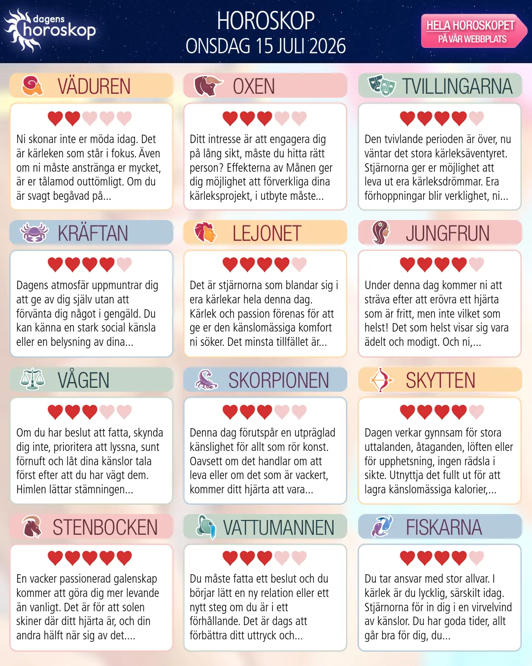Horoskop för onsdag 15 juli 2026
