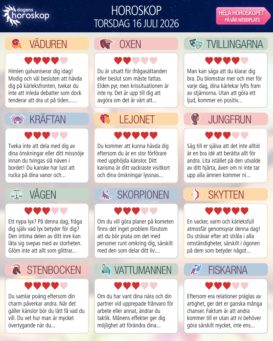 Horoskop för torsdag 16 juli 2026