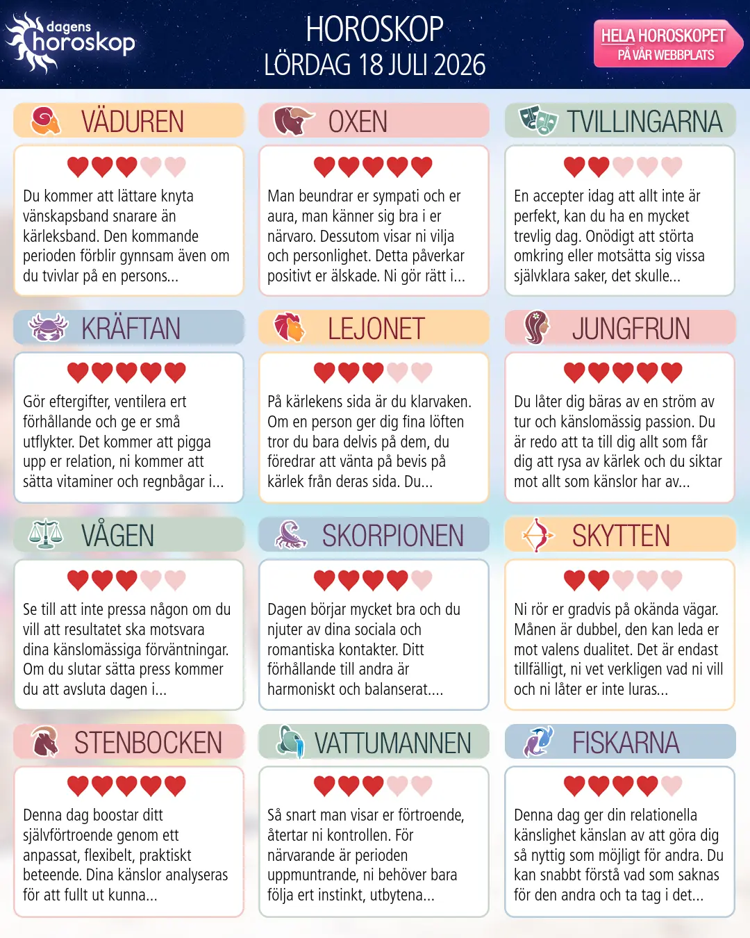 Horoskop för lördag 18 juli 2026
