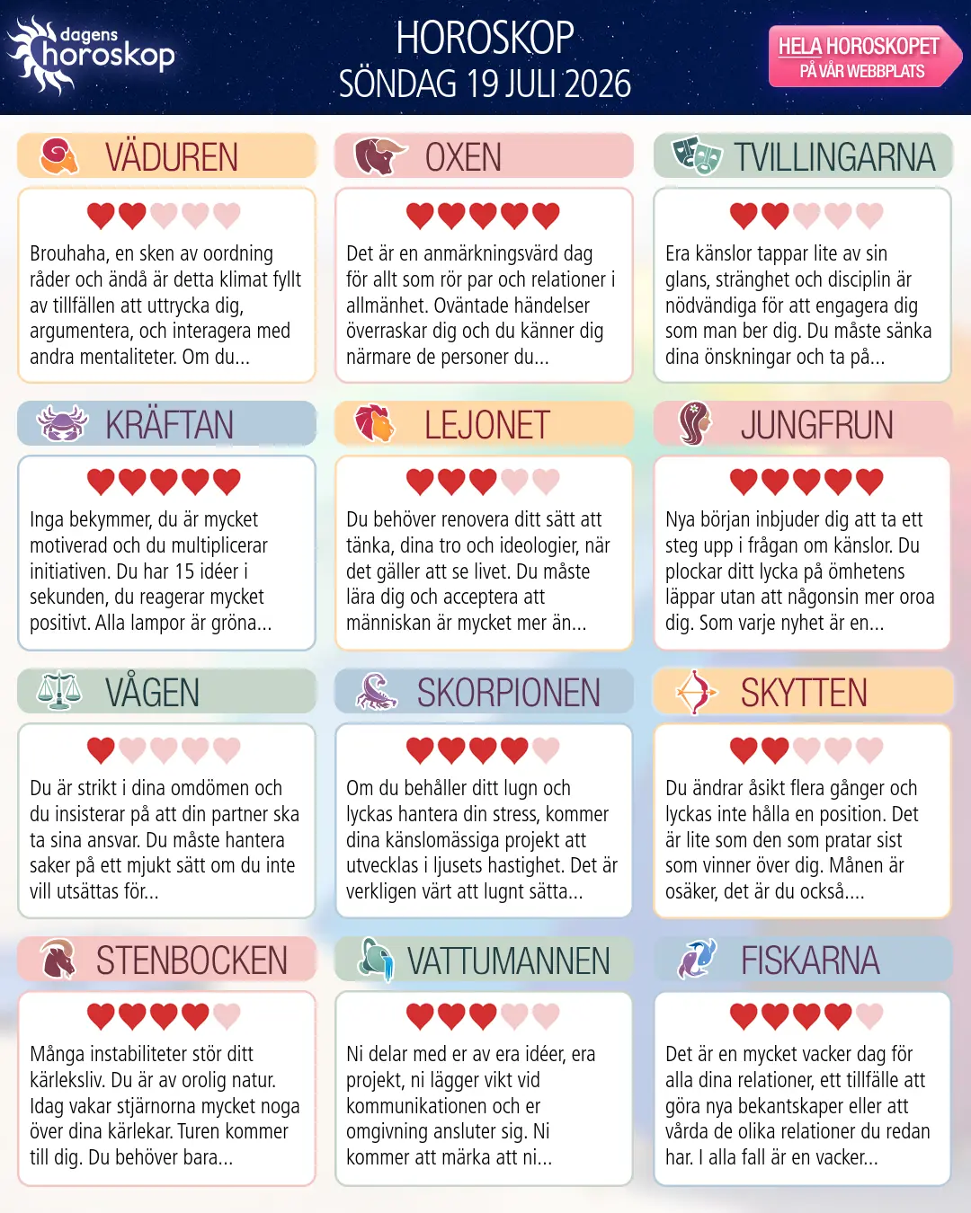 Horoskop för söndag 19 juli 2026