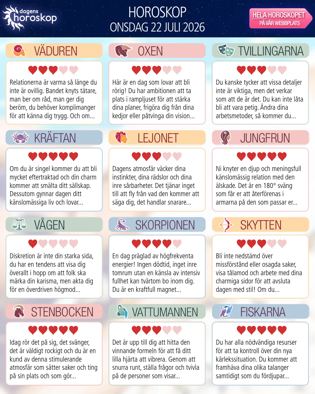 Horoskop för onsdag 22 juli 2026