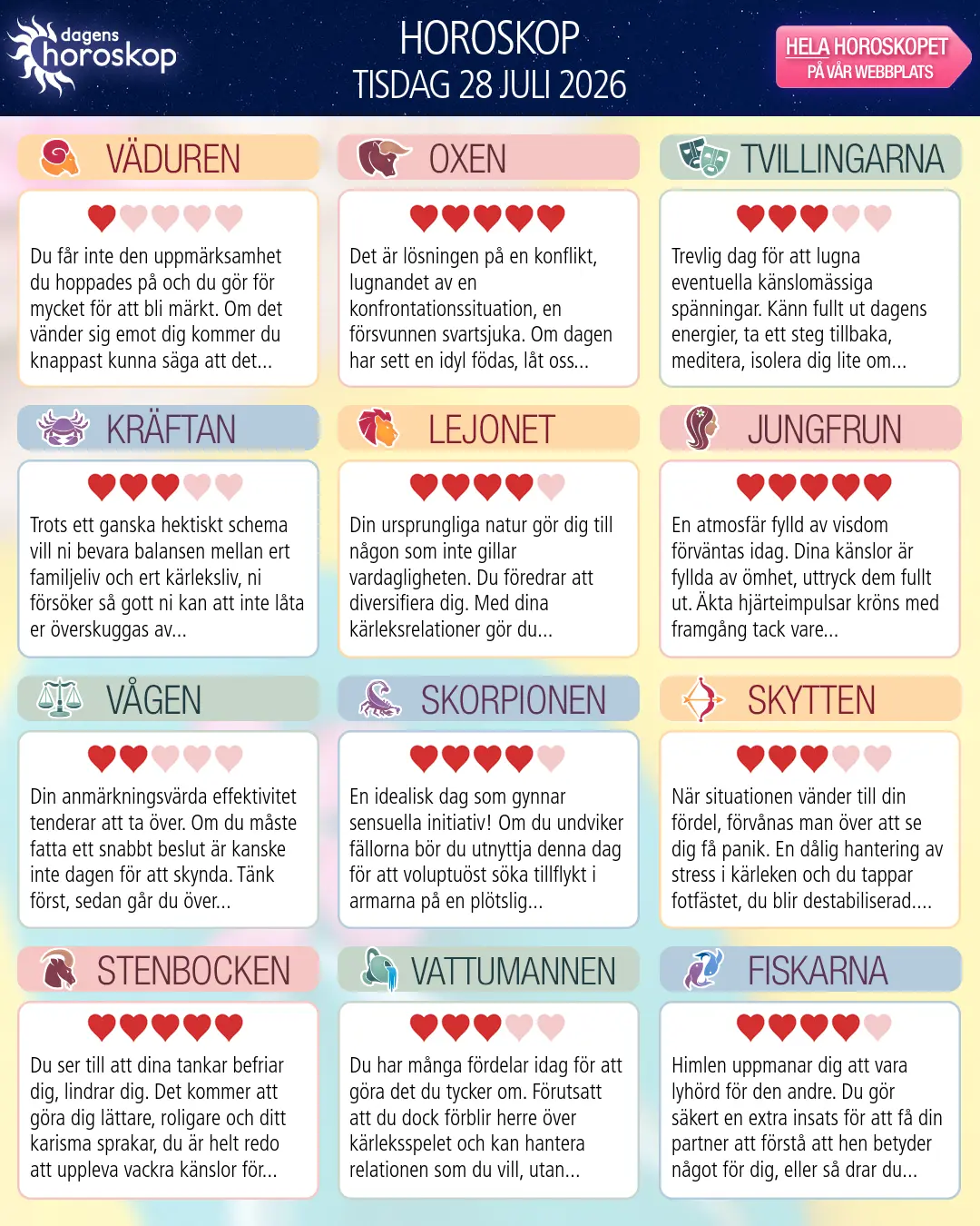 Horoskop för tisdag 28 juli 2026
