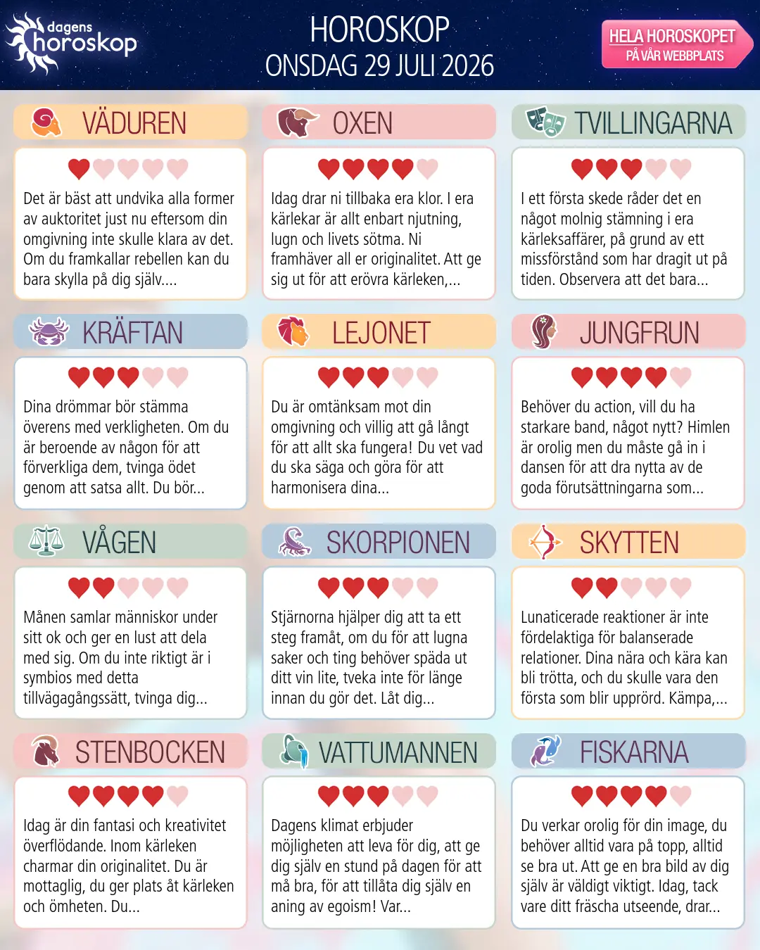 Horoskop för onsdag 29 juli 2026