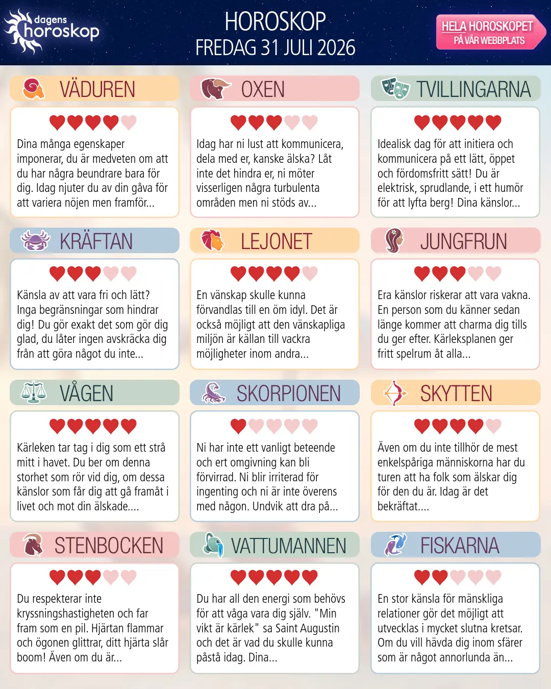 Horoskop för fredag 31 juli 2026