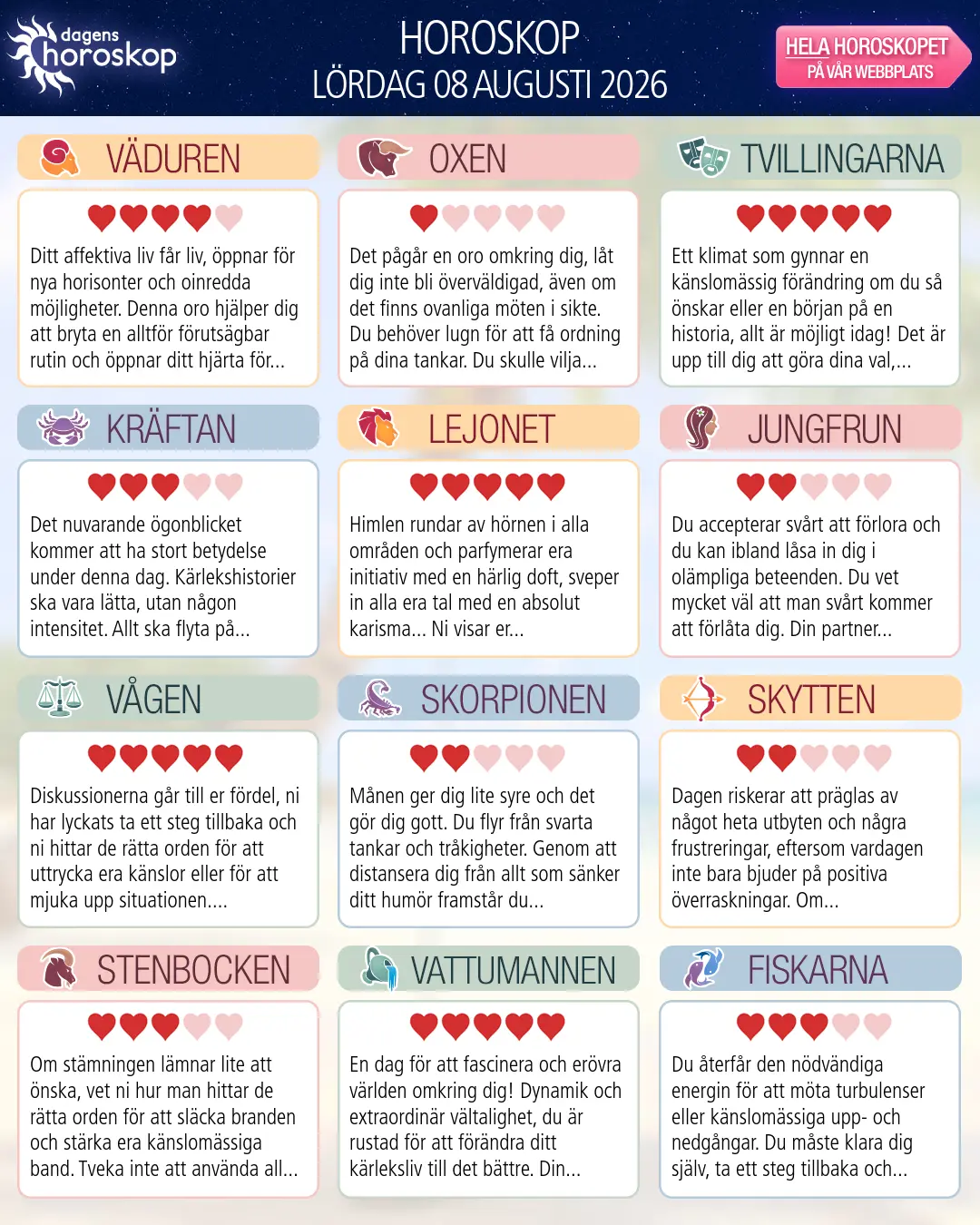 Horoskop för lördag 8 augusti 2026