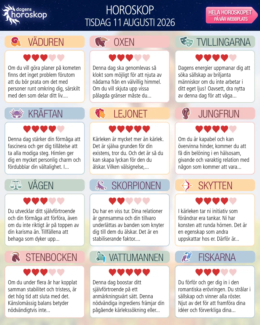 Horoskop för tisdag 11 augusti 2026