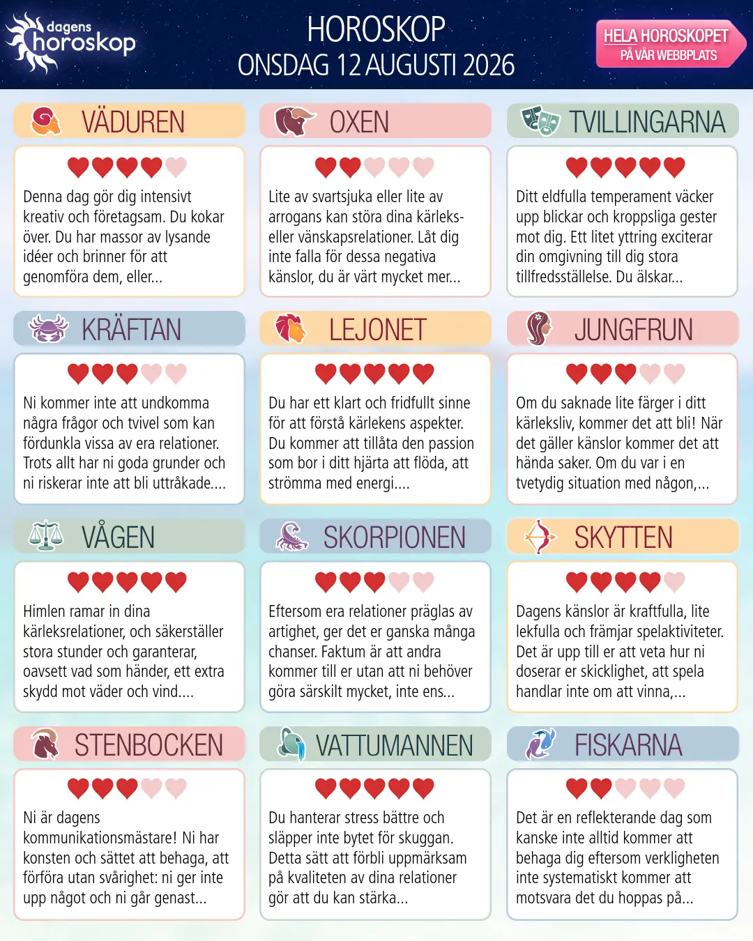 Horoskop för onsdag 12 augusti 2026
