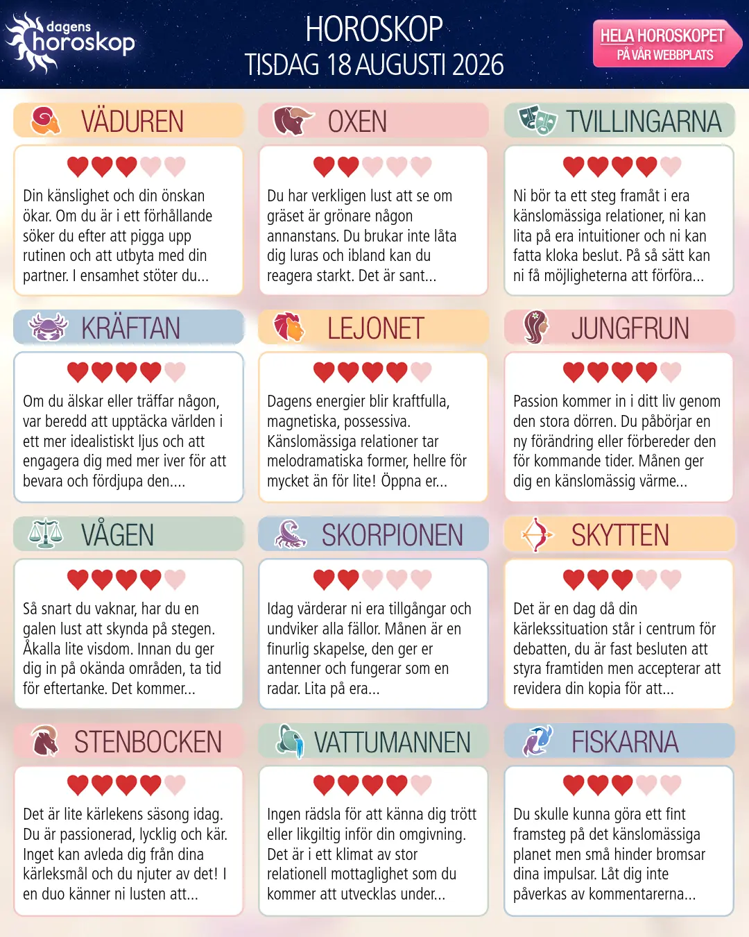 Horoskop för tisdag 18 augusti 2026