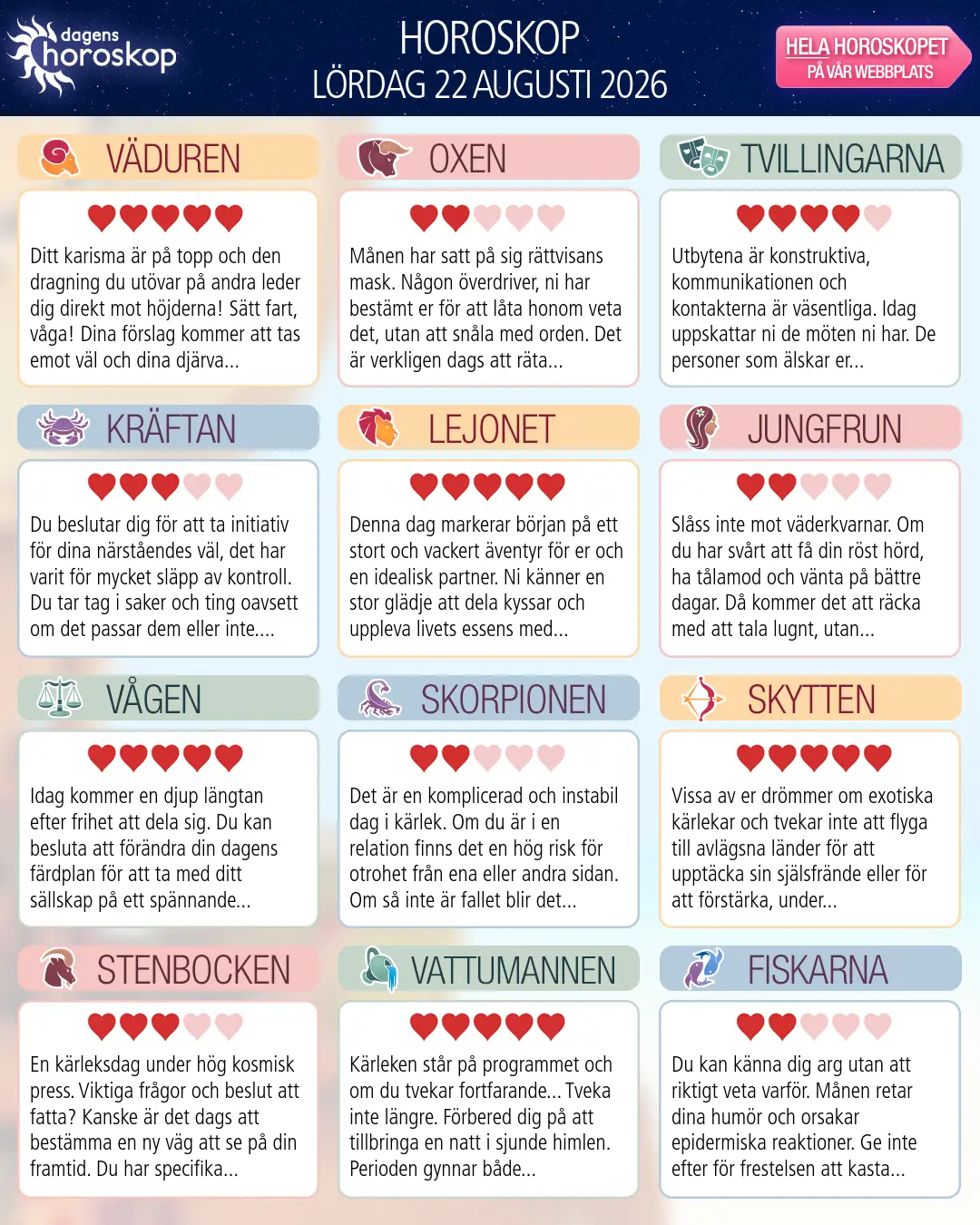 Horoskop för lördag 22 augusti 2026