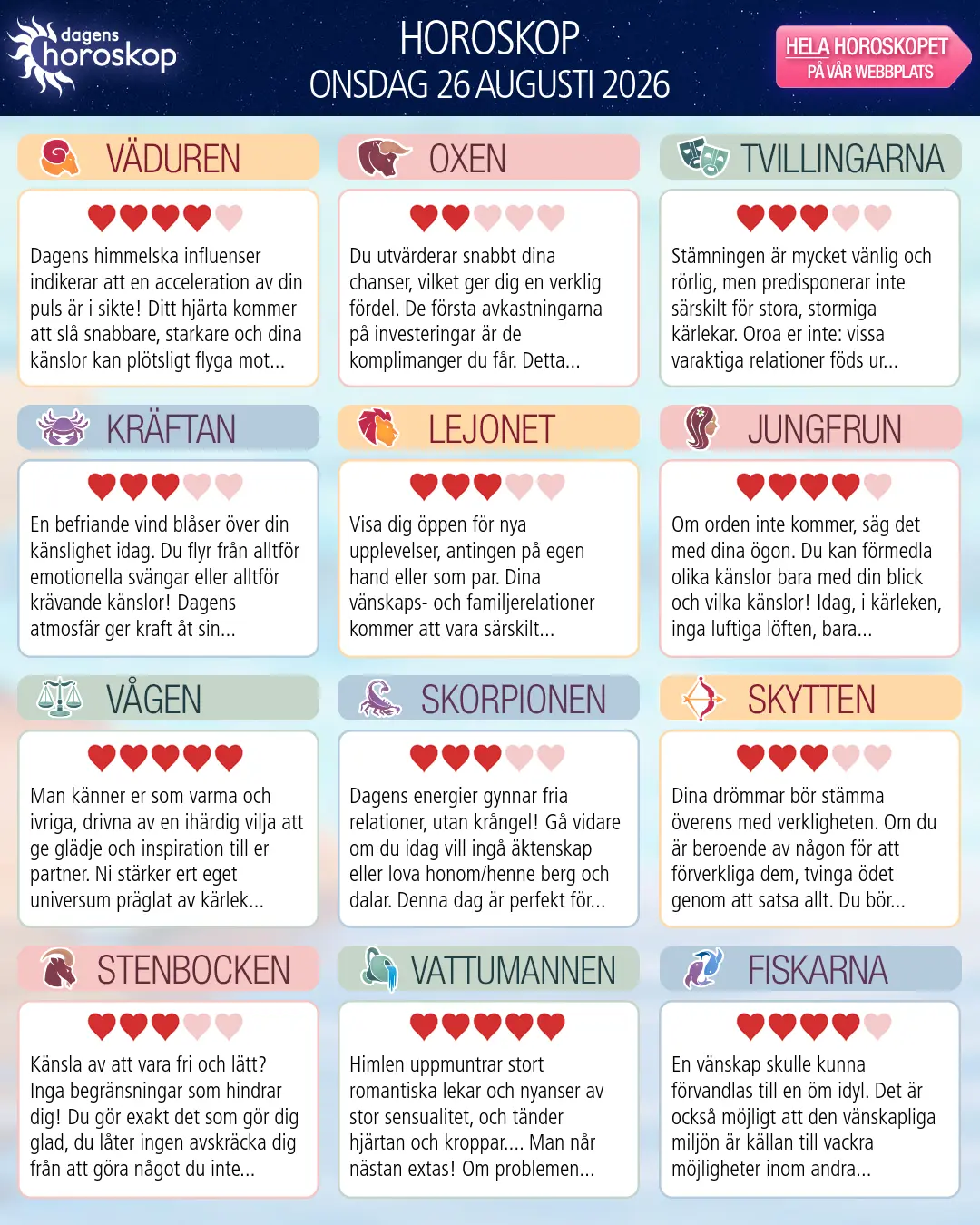 Horoskop för onsdag 26 augusti 2026