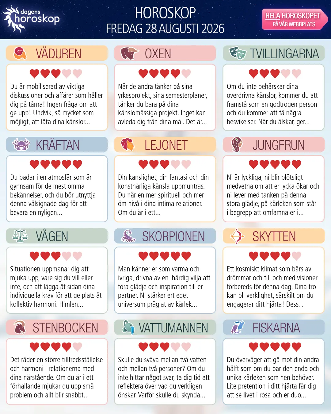 Horoskop för fredag 28 augusti 2026