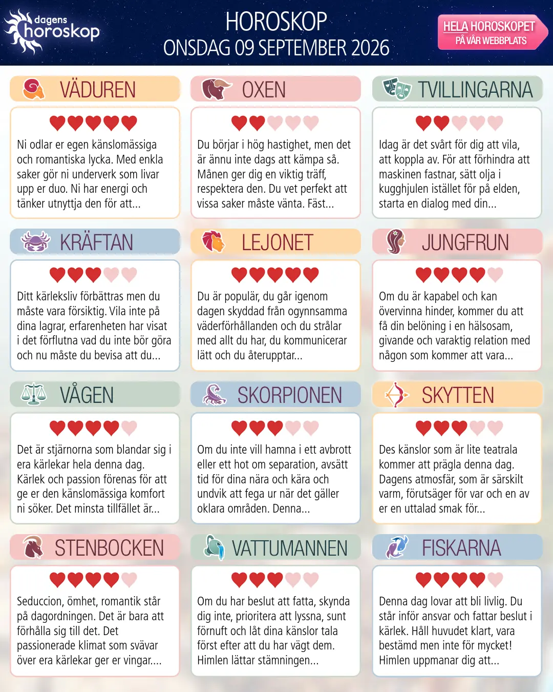 Horoskop för onsdag 9 september 2026