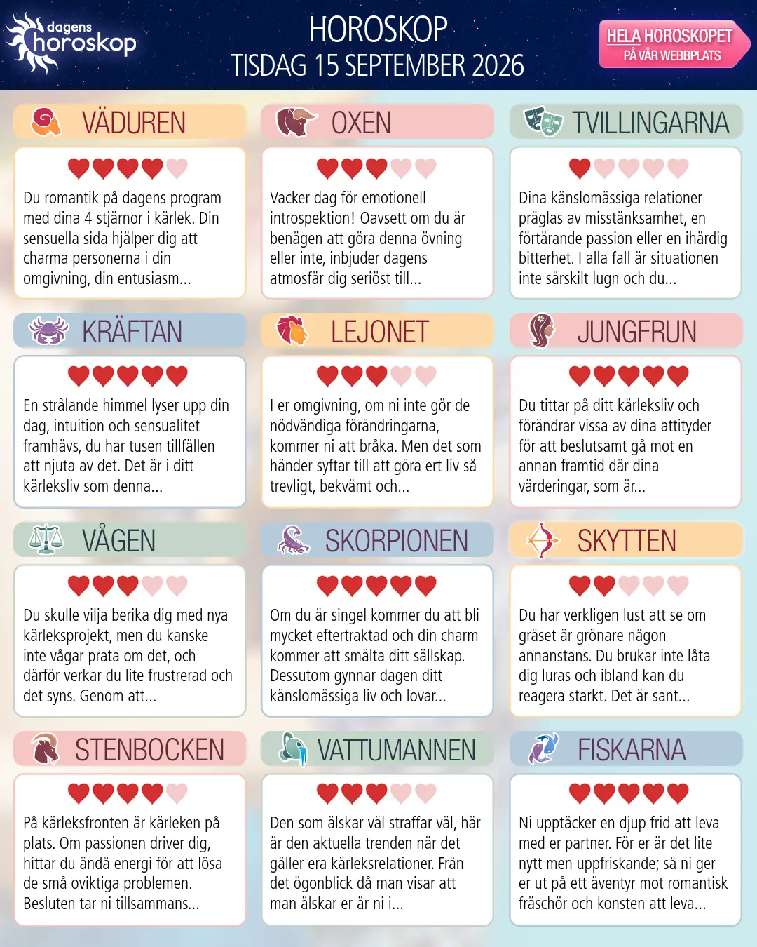 Horoskop för tisdag 15 september 2026