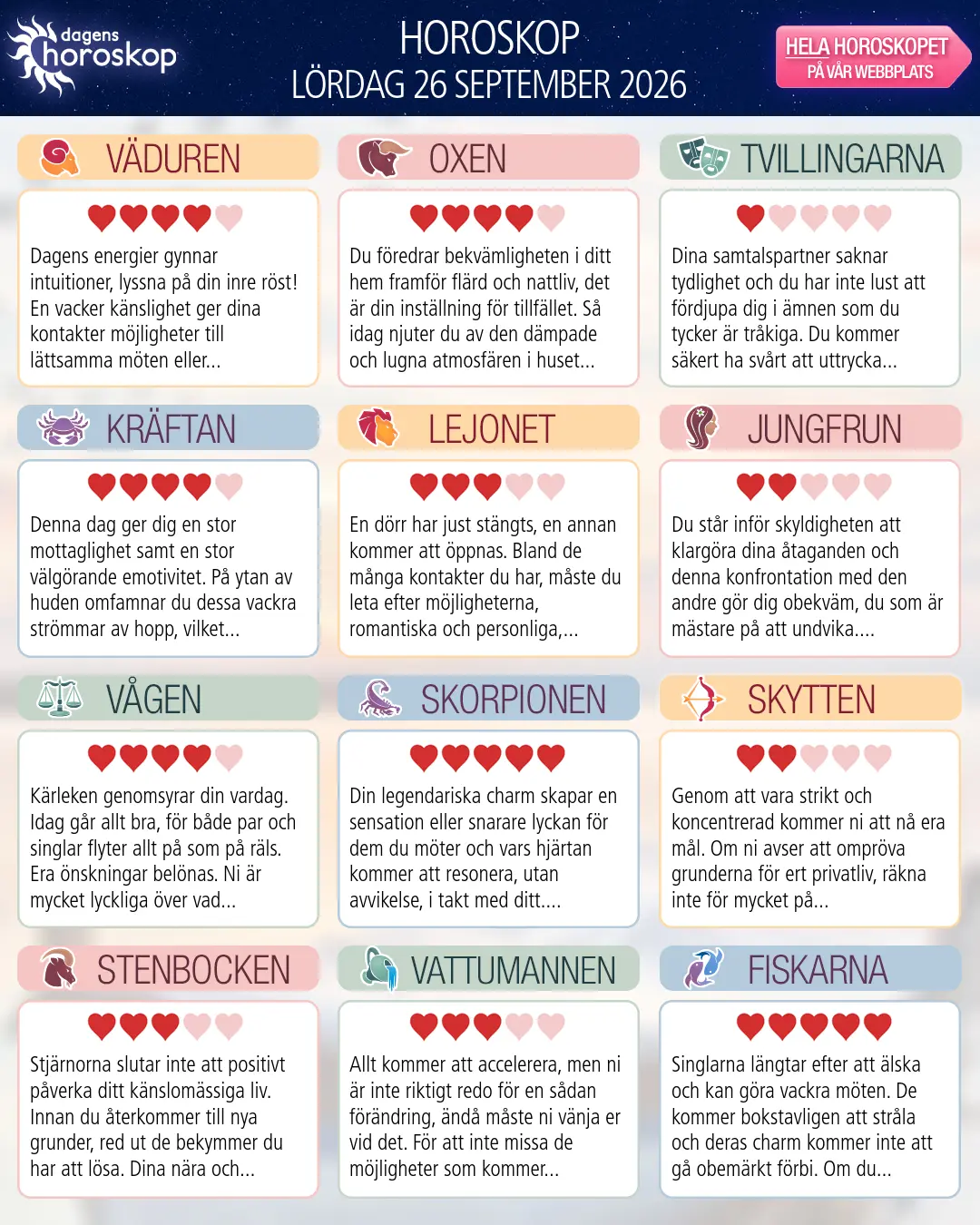 Horoskop för lördag 26 september 2026