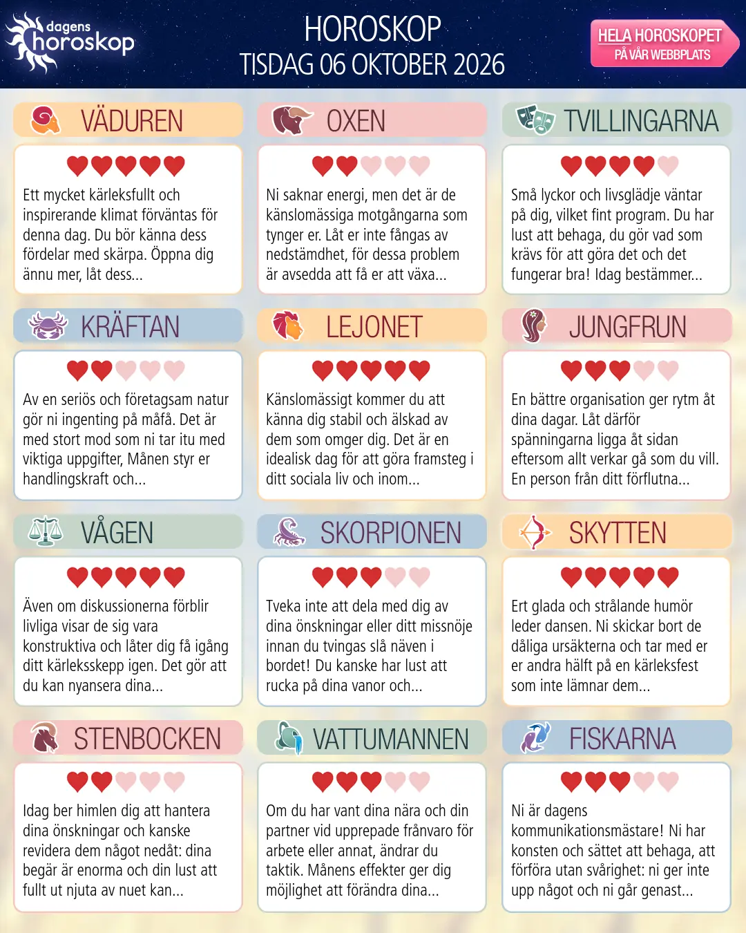 Horoskop för tisdag 6 oktober 2026