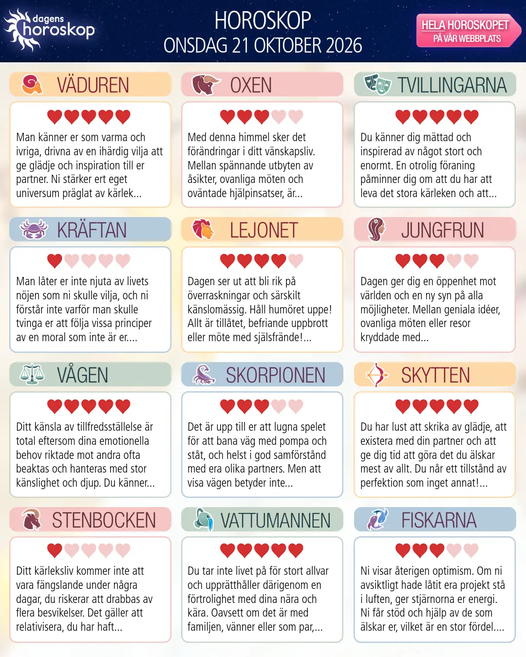 Horoskop för onsdag 21 oktober 2026