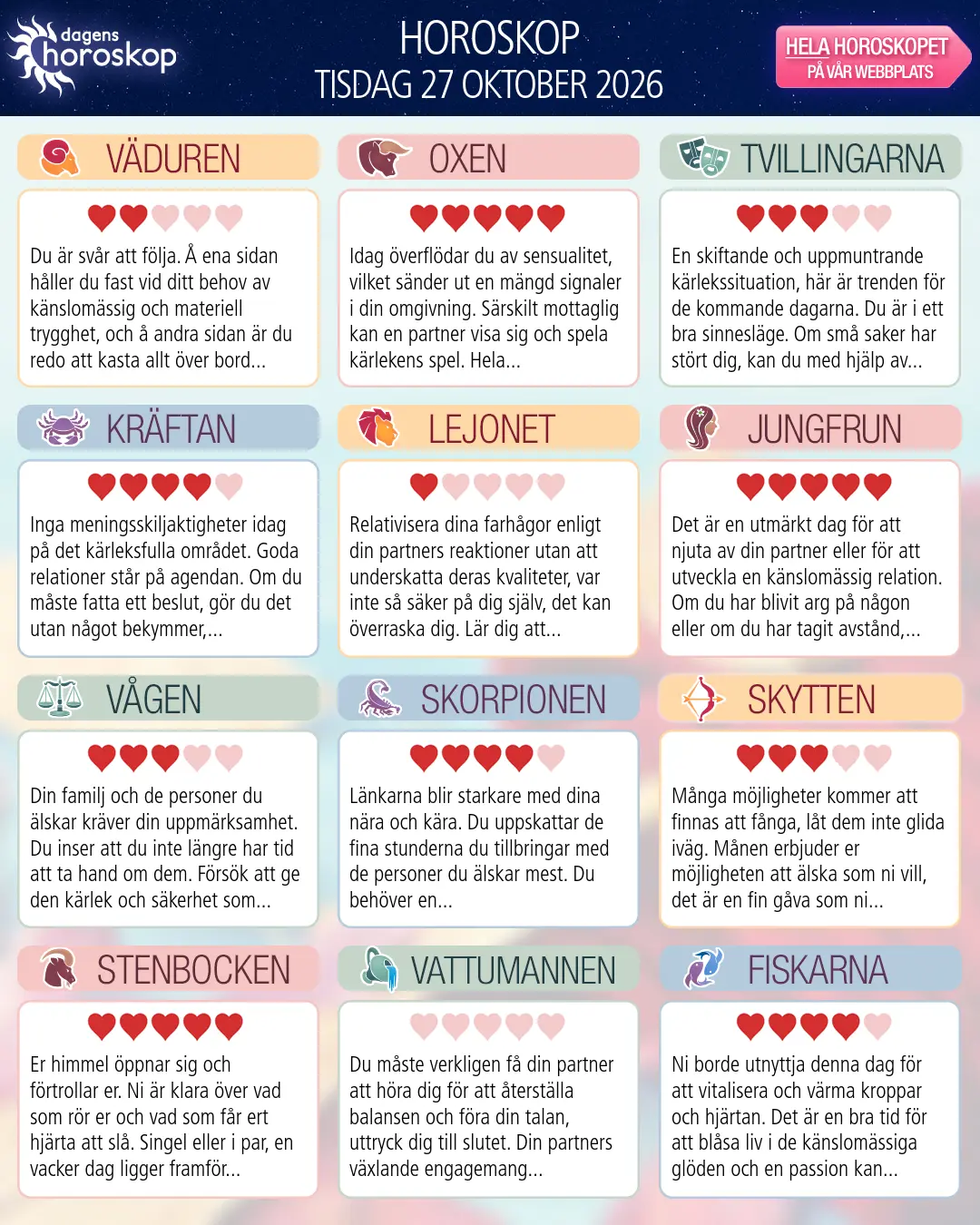 Horoskop för tisdag 27 oktober 2026