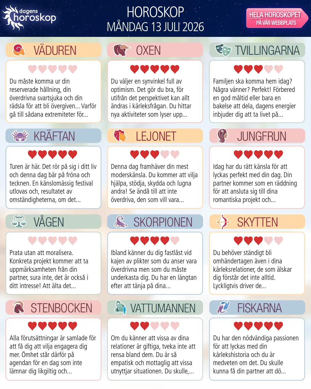 Horoskop för Väduren idag, 13 Juli 2026