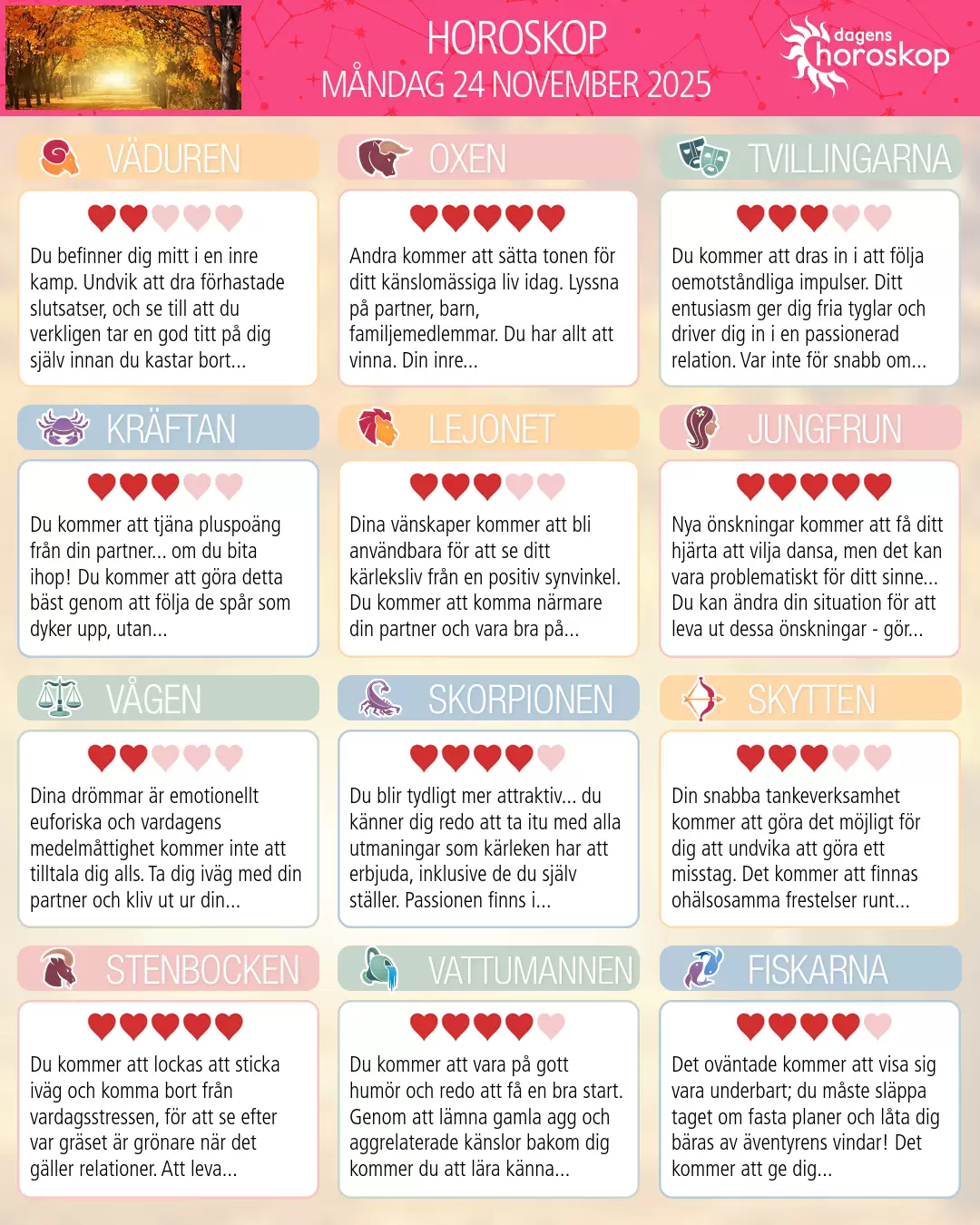 Horoskop för Tvillingarna idag, 24 November 2025